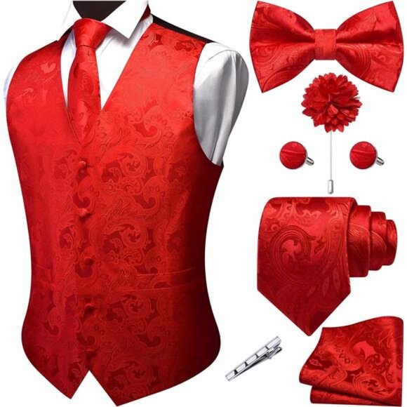 Men's V-Neck Suit Vests 7PCS Red